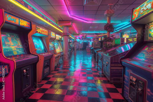 A colorful arcade filled with retro video games and flashing lights, capturing the nostalgia of 80s gaming culture