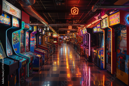 A colorful arcade filled with retro video games and flashing lights, capturing the nostalgia of 80s gaming culture