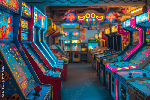 A colorful arcade filled with retro video games and flashing lights, capturing the nostalgia of 80s gaming culture