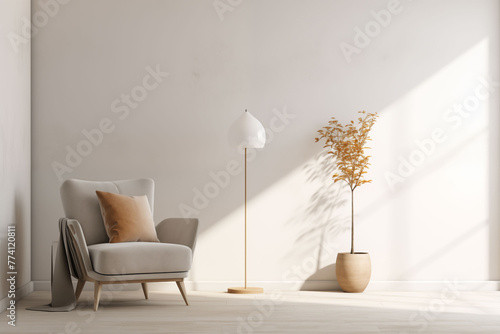 A minimalist interior with a cozy armchair and a floor lamp, creating a serene atmosphere with just a few essential elements photo