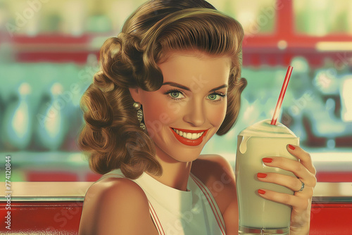 A retro-style advertisement featuring a glamorous woman enjoying a soda fountain drink, harkening back to the golden age of advertising photo