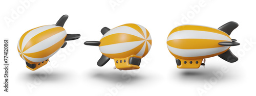 Yellow striped airship in different positions. Set for creating effect of maneuvering in sky