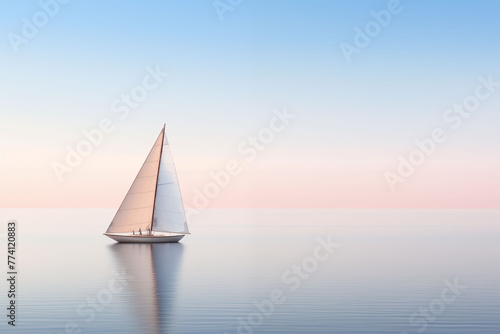 A simple yet striking image of a lone sailboat gliding across a calm sea against a minimalist horizon © The Origin 33