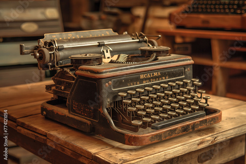 An antique typewriter sitting on a wooden desk, reminiscent of the bygone days of manual typewriting photo