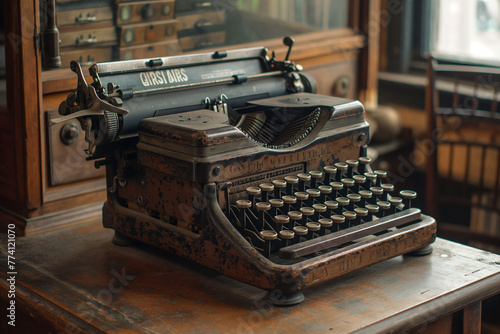 An antique typewriter sitting on a wooden desk, reminiscent of the bygone days of manual typewriting photo