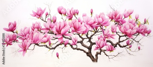 Floral artwork featuring a tree adorned with delicate pink blossoms on its branches