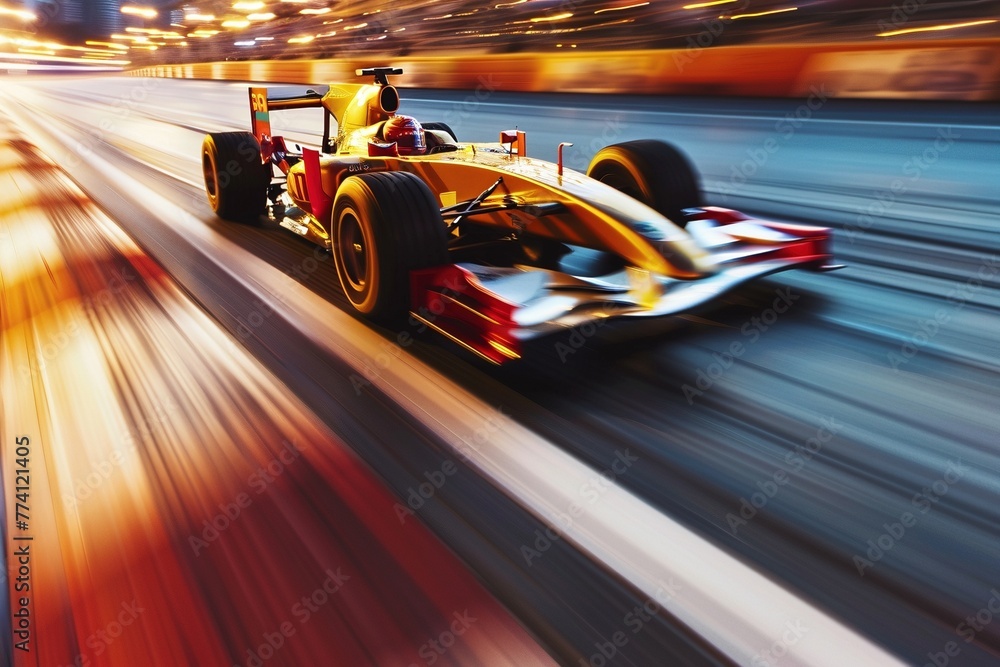 A dynamic scene explodes with vibrant colors and high-resolution textures, bringing a high-speed race on a racetrack to life. Blurred motion captures the thrilling intensity
