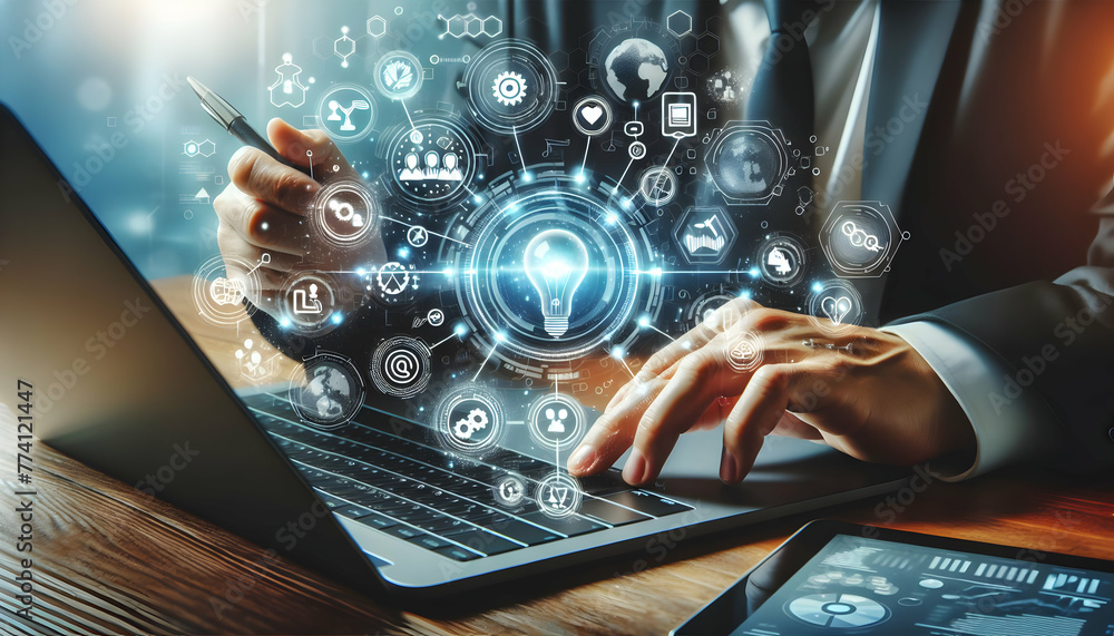 Digital Strategy Hand A hand strategizing over a laptop with abstract digital icons. in business innovation abstract theme ,Full depth of field, clean bright tone, high quality ,include copy space, No Digital Strategy Hand A hand strategizing over a laptop with abstract digital icons. in business innovation abstract theme ,Full depth of field, clean bright tone, high quality ,include copy space, No
