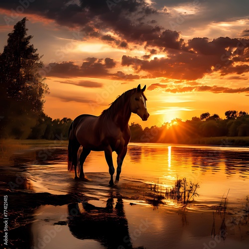 Horse with sunrise in mountain with river © Ehtasham