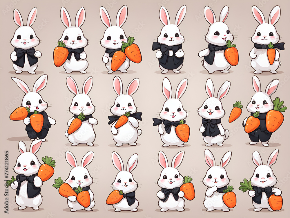 Cute rabbit, holding carrots in hand, with a bow around the neck, multiple poses and expressions ,hand drawn rabbit emoticon pack, white and black rabbit logo Cute rabbit, holding carrots in hand, with a bow around the neck, multiple poses and expressions ,hand drawn rabbit emoticon pack, white and black rabbit logo