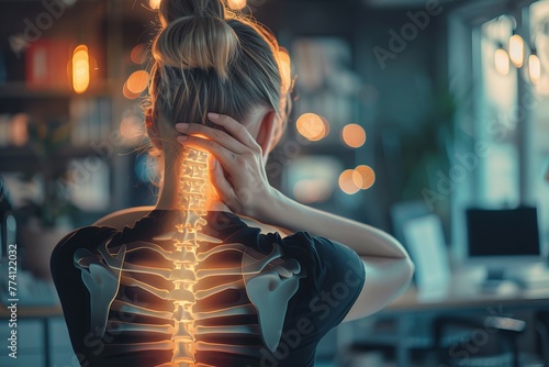 highlighted spine of a woman with neck pain ,The woman is holding her neck highlighting the pain. photo