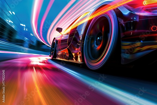 A heart-pounding high-speed race on a dynamic racetrack, capturing the fierce competition and raw energy of a thrilling motorsport event. Rich colors and intricate textures ignite the adrenaline