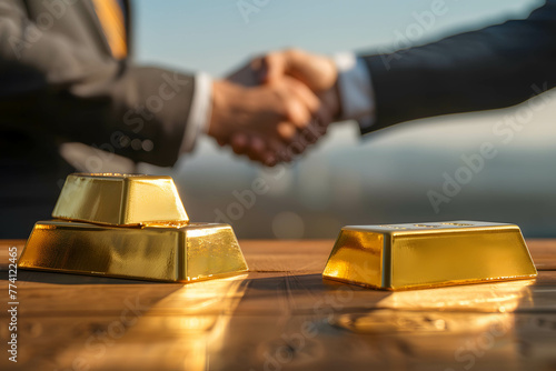 Gold bar on the table and businessman handshake, Investing or trading and exchanging gold both domestically and internationally, demand and supply on gold photo