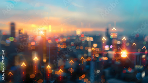 A blurred city skyline with arrows pointing towards different investment opportunities photo
