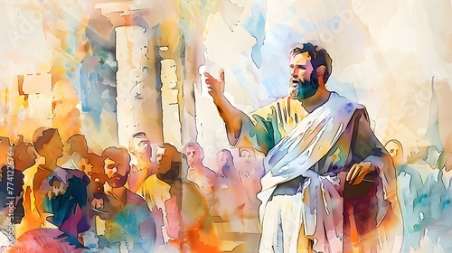 Apostle Paul Preaching with Vibrant Watercolor in Ephesus Symbolizing Boldness and Perseverance in Proclaiming the Gospel, Watercolor Biblical Illustration ,copy space , minimalist