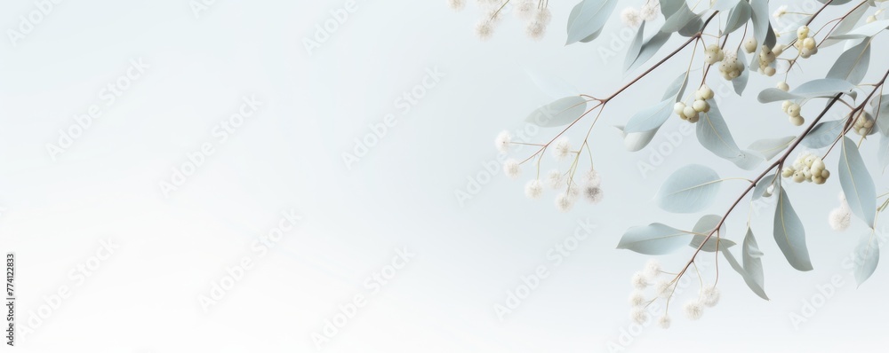 Eucalyptus branches on light  minimalistic background, banner wallpaper. Generative Ai.