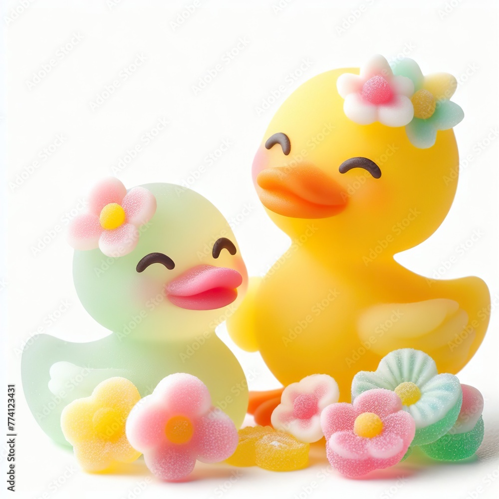a cute couple Duckling with flowers made of pastel color rainbow gummy candy on a white background a cute couple Duckling with flowers made of pastel color rainbow gummy candy on a white background
