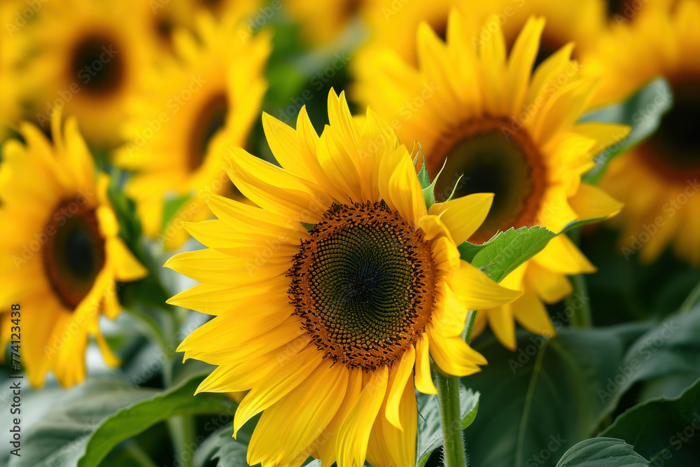 Obraz premium Beautiful sunflower field with blooming flowers and lush green leaves in the background