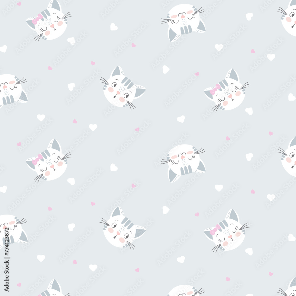Seamless pattern with cute kittens and hearts