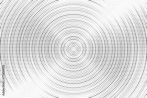 Radial halftone gradient background. Dotted concentric texture with fading effect. Black and white circle shade wallpaper. Grunge rough vector. Monochrome backdrop. Vector illustration.