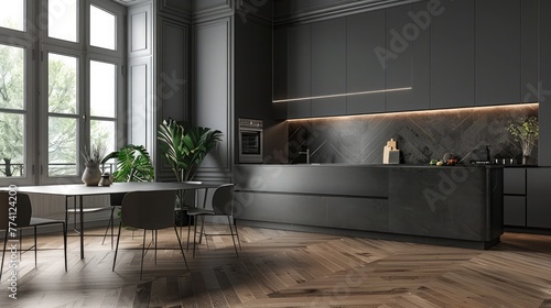 Modern gray kitchen with dark wooden details in contemporary luxury apartment with parquet floor, vintage retro interior design, architecture open space living room concept idea © rimsha