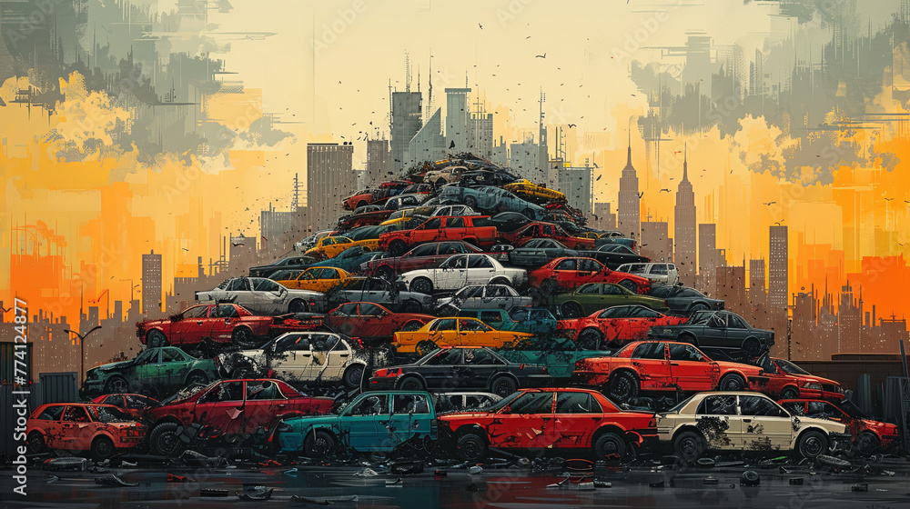 A vibrant stylized illustration depicting a mountain of discarded cars stacked haphazardly - obrazy, fototapety, plakaty 