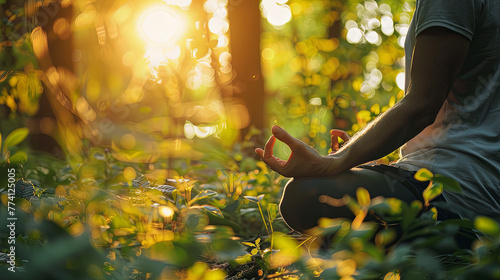 Close-up photograph of a serene individual meditating in a sunlit tranquil forest