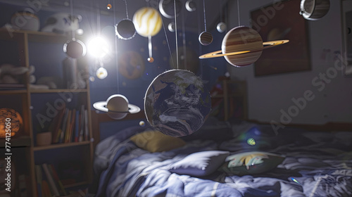 Close-up shot of a small detailed model of the solar system suspended above a bed photo