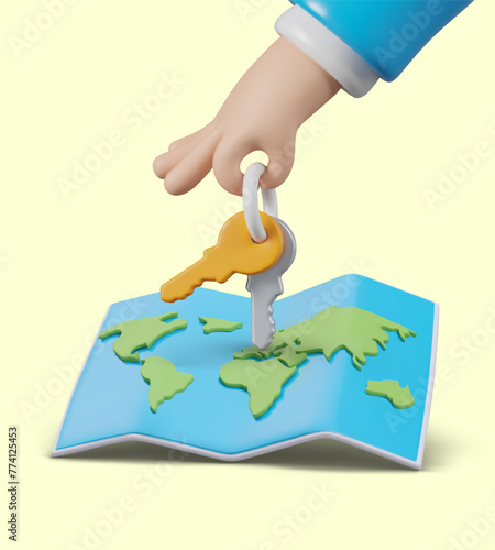 Realistic hand holding keys over world map. Access from anywhere in world