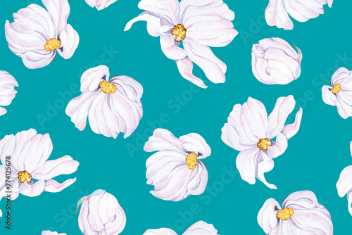 Seamless pattern of cosmos flowers, blooming flower with watercolor.Designed for fabric and wallpaper, vintage style.Hand drawn floral pattern.Botany background. © joy8046