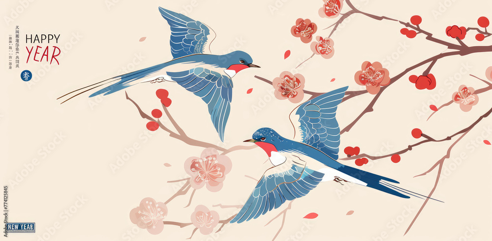 Two flying swallows, a simple color block illustrated style, a traditional Chinese New Year poster with the words 