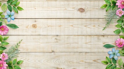 Light wooden background template with a green border of a decorative flowering plant top view. Wooden plank boards with old texture and leaves of a plant with pink and blue flowers