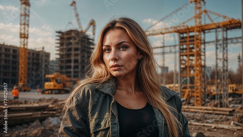 A beautiful girl in a jacket and jeans posing on the construction site, International Worker's day, Labour Day, Health & safety at work