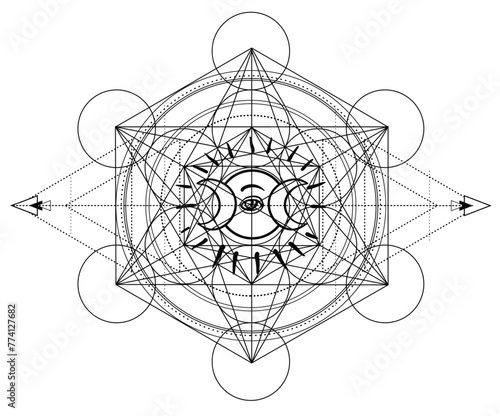 Metatron Cube. Moon pagan Wicca moon goddess symbol. Three-faced Goddess, Maiden, Mother, Crone isolated vector illustration. Tattoo, astrology, alchemy, boho and magic symbol. Coloring book..