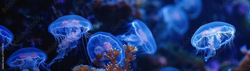 School of bioluminescent jellyfish drifting through the coral reef ...