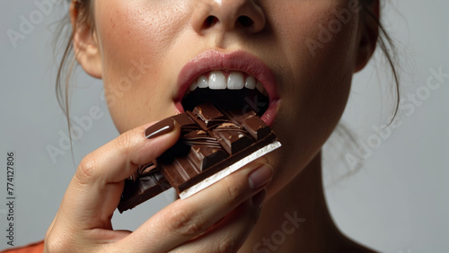 young woman eating a chocolate bar. Close-up of beautiful female lips with chocolate.