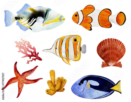 Watercolor stickers with tropical fish