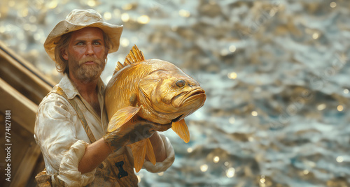 Ship captain holding a big fish. Fisherman with a big catch - golden fish. Fishing industry in the Atlantic and Northern Oceans photo