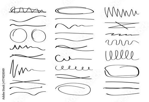 Hand drawn collection of different diary scribble Lines and elements. Marker pen Underline and strikethrough Editable strokes for Note book. Swift crossed and wavy highlight markers for scribbling pad