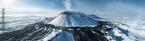 Snowcovered volcano, from the air, contrasting the white peak with dark lava flows, serene and formidable, in a wintry landscape photo