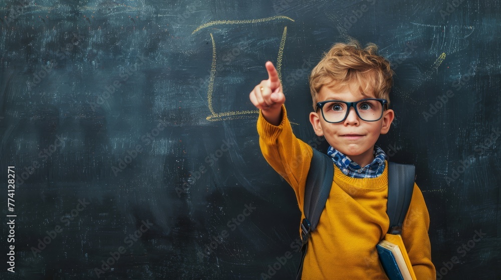 Back to school. Funny little boy Caucasian in glasses pointing up on blackboard. Child from elementary school with book and bag. Education. Concept of lifelong learning