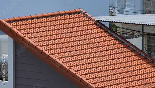 Close up Detail of Roof Tiles. Terracotta roof with ceramic tiles on old house