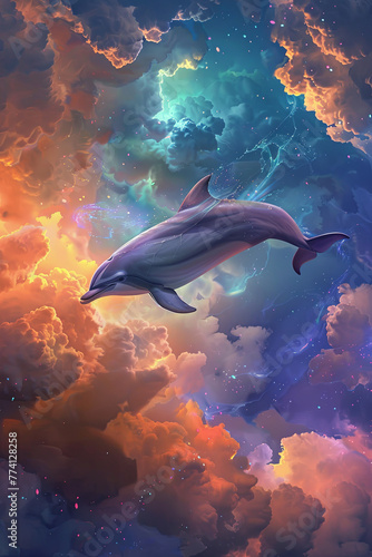 A flying dolphon surrounded by colorful clouds © grey