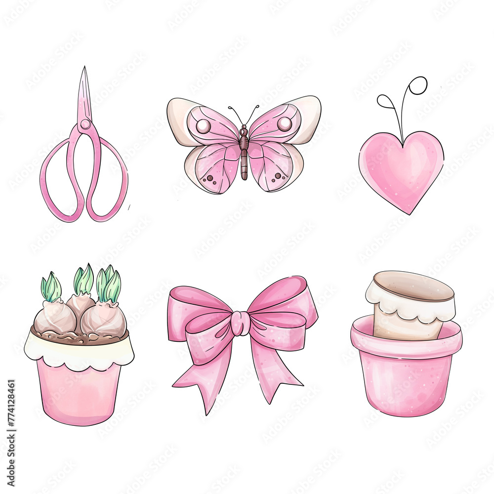 Set of watercolor romantic garden tools, garden pots with primroses. Inventory for gardener. Springtime sketch for design, fabric Set of watercolor romantic garden tools, garden pots with primroses. Inventory for gardener. Springtime sketch for design, fabric