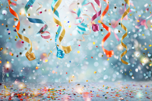 Celebration. Colorful confetti, lights and bokeh. Background image. Created with Generative AI technology.