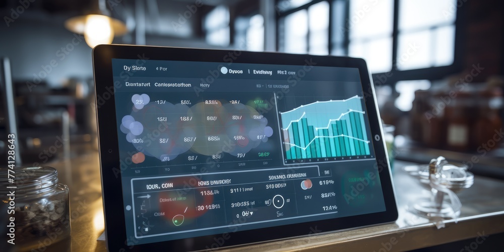 A business analytics dashboard on a tablet screen