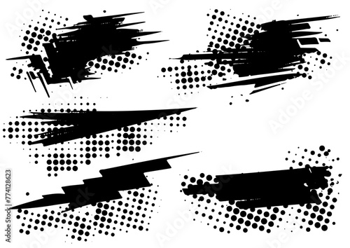 glitchy brush strokes: distorted logos, trendy error shapes, grunge textures, distressed effects with halftone dot screen print