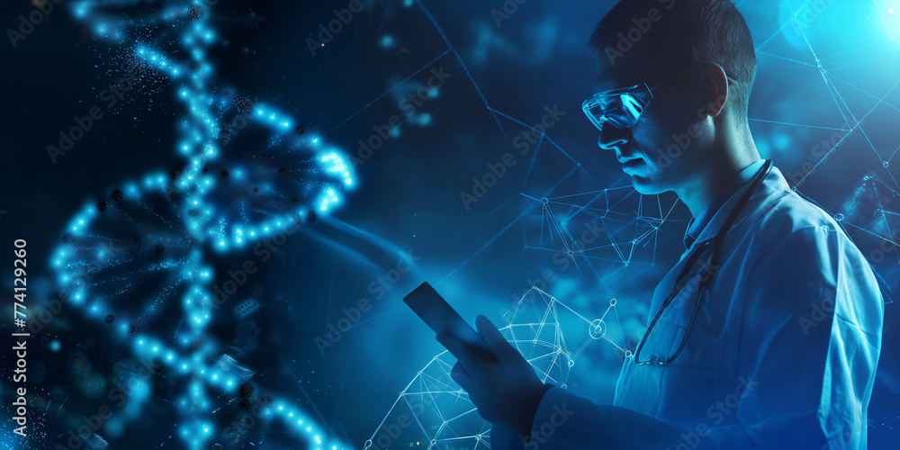 A male doctor, scientist, or genetic researcher using a tablet in luminous DNA molecule structure with a blue background. Hologram, AR healthcare and network. Medical science and biotechnology.