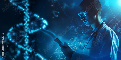 A male doctor, scientist, or genetic researcher using a tablet in luminous DNA molecule structure with a blue background. Hologram, AR healthcare and network. Medical science and biotechnology. © Lahiru