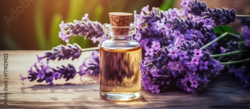 Lavender essential oil stored in a glass container placed next to a cluster of fresh lavender flowers, emitting a soothing aroma
